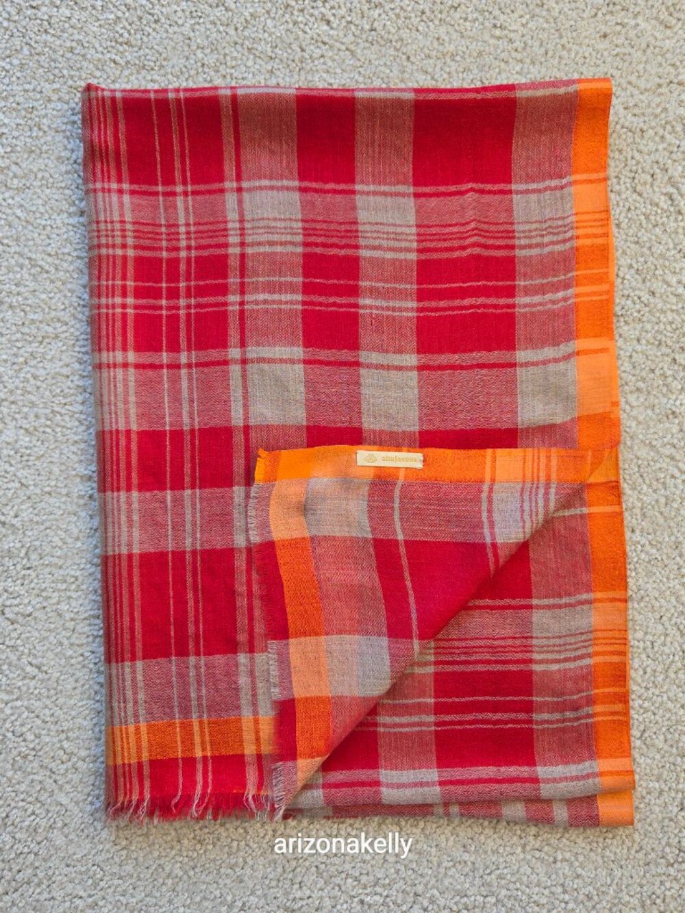 Ahujasons Cashmere Red, Grey, and Orange Plaid Scarf - Picture 13 of 16